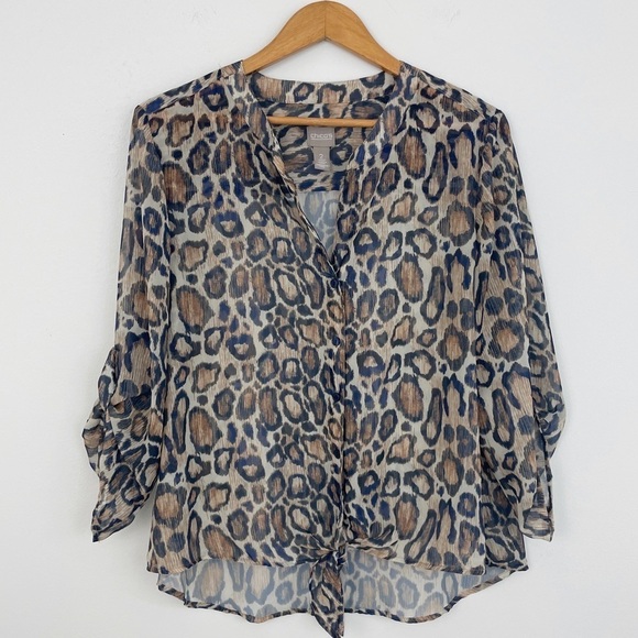 Chico’s Animal Print Front Knot Sheer Button Down Shirt Top Size 2 - Picture 1 of 14